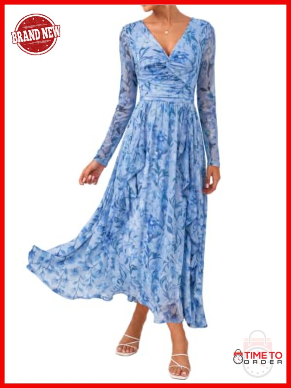 Women's Long Sleeve Floral Mesh Maxi Dress Formal A-Line Twist Front
